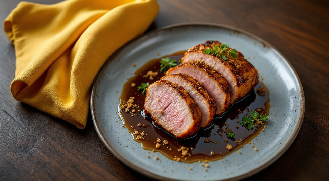 Magret de pato, puré de camote y jus de vino tinto